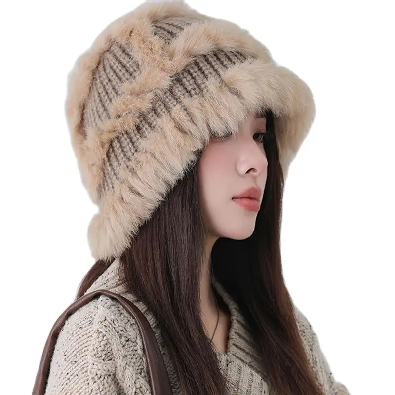 

Hot selling Russian new winter real fur knitted hat for women,100% genuine real rabbit hat, good elasticity knitted rabbit hair