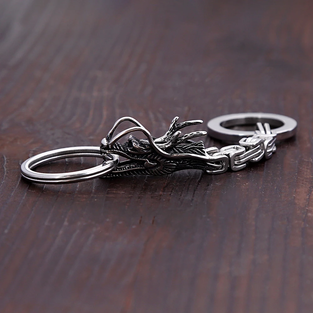 Punk Retro Nordic Viking Dragon Head Keychain Stainless Steel Men\'s Unique Emperor Chain Keychain Fashion Accessories Wholesale