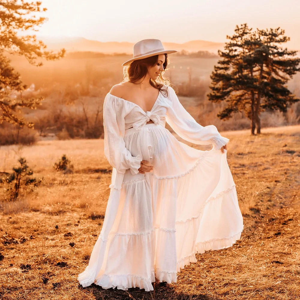Soft Double-Layer Cotton Maternity Dress V-neck Ruffled Sleeves Two-Piece Dress Pregnancy Photography Outfit Bohemian Dress