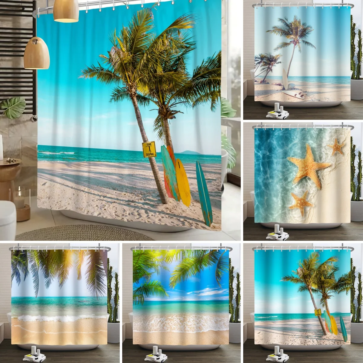 

Waterproof Shower Curtain Tropical Beach Scene Palm Tree Ocean Waves Surfboard Summer Vacation Bathroom Decoration Bath Curtain