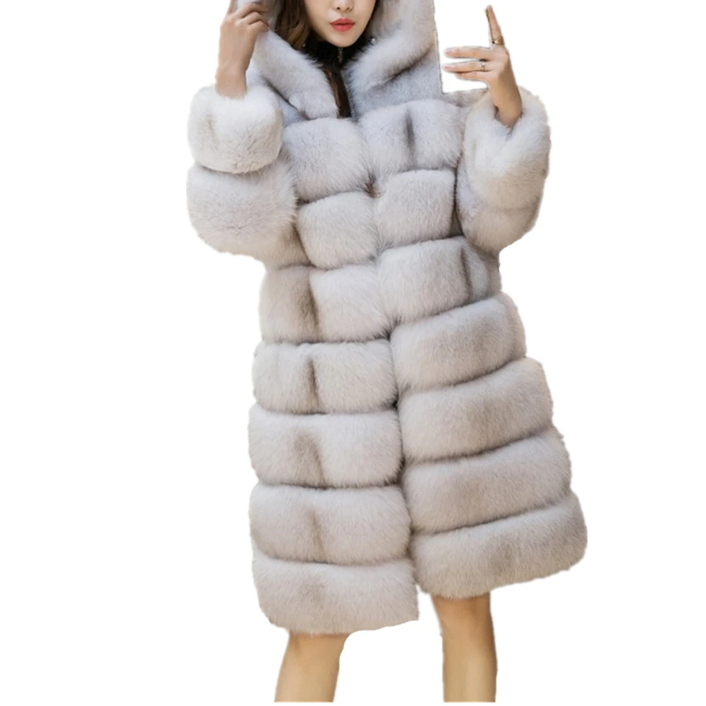 Women Winter Outwear Long Sleeve Medium Long Thick Warm Faux Fur Coat Faux Fox Fur Jacket Overcoat With Hooded