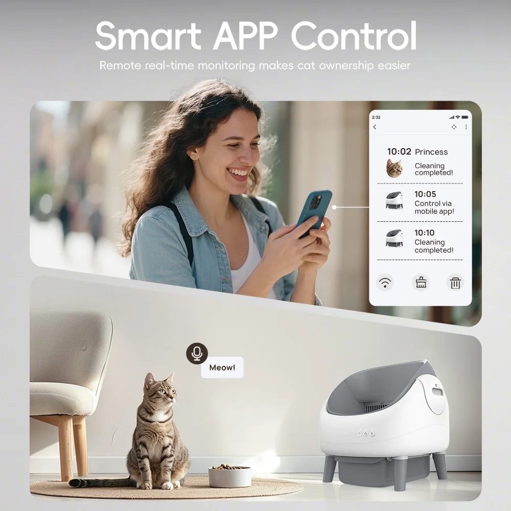 Crigge MINI-C Self-Cleaning Litter Box – Smart APP Control, Dual Sensor Safety, High-Performance Filter, Large Waste Bin, Ideal for Multi-Cat Homes, Auto Clean & Odor Control