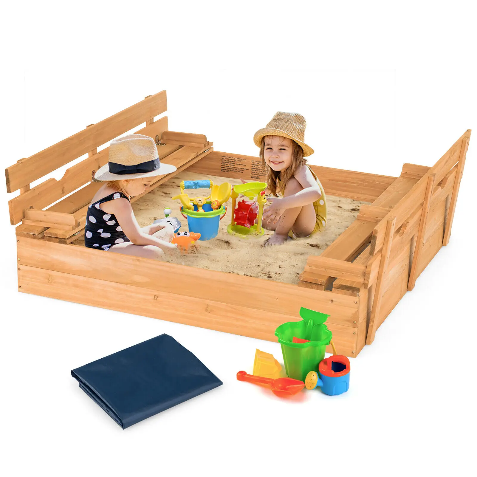 Kids Wooden Sandbox w/2 Foldable Bench Seats & Bottom Liner for Outdoor Play