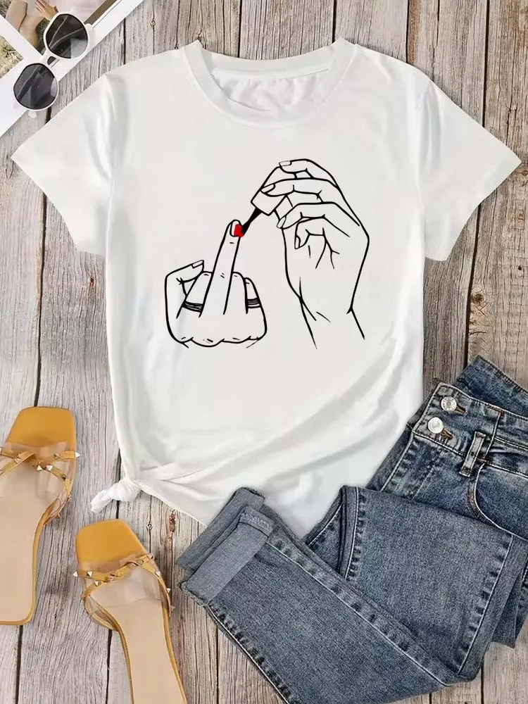 Women Middle Finger Nail Polish Prints T Shirt Summer Comfortable Soft Short Sleeve O-Neck Tops Casual Female Clothes