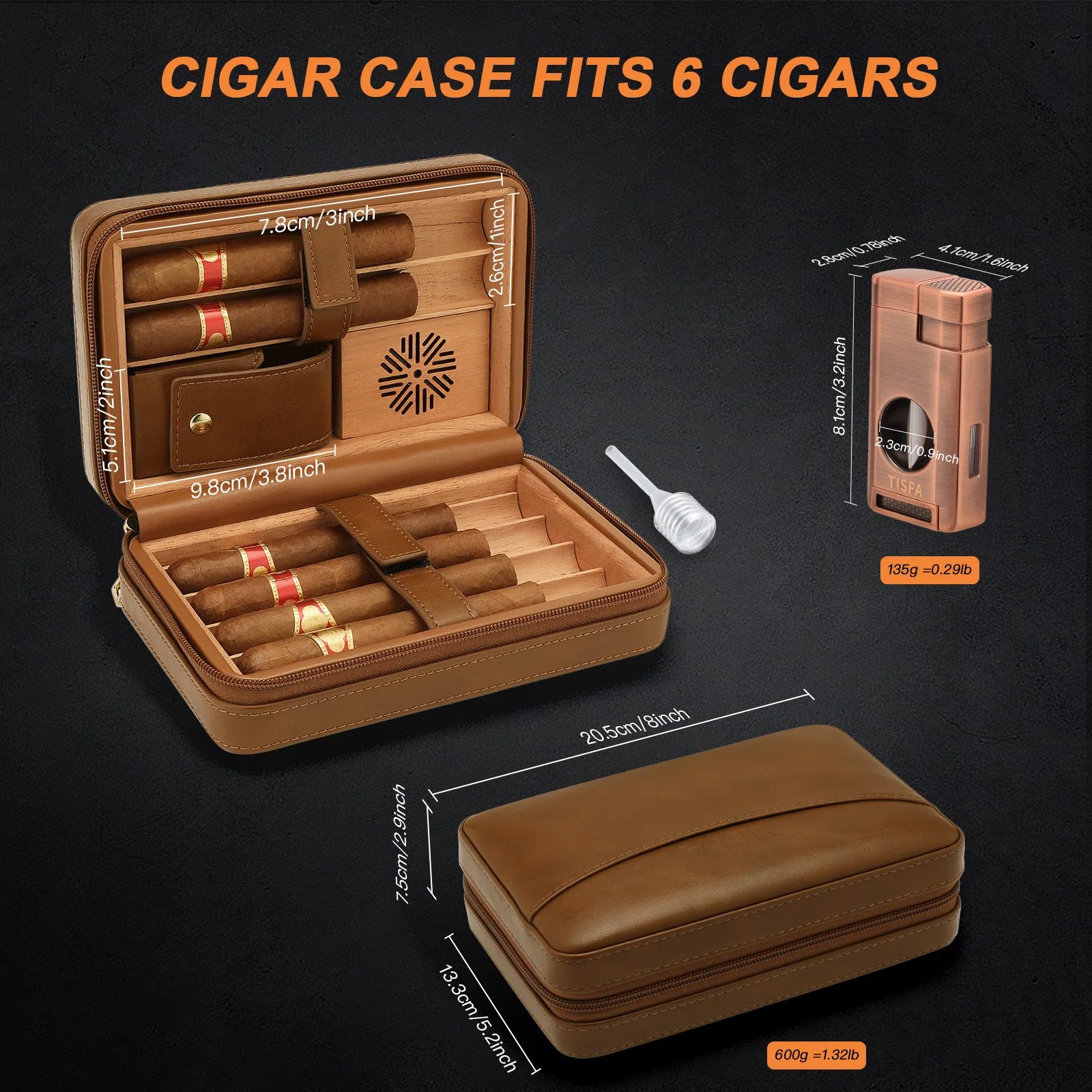 Cigar Humidor, Leather Cedar Wood Cigar Case with Cigar Lighter, V Cut Cigar Cutter,Cigar Holder 3 in 1 Travel Cigar Humidor Box