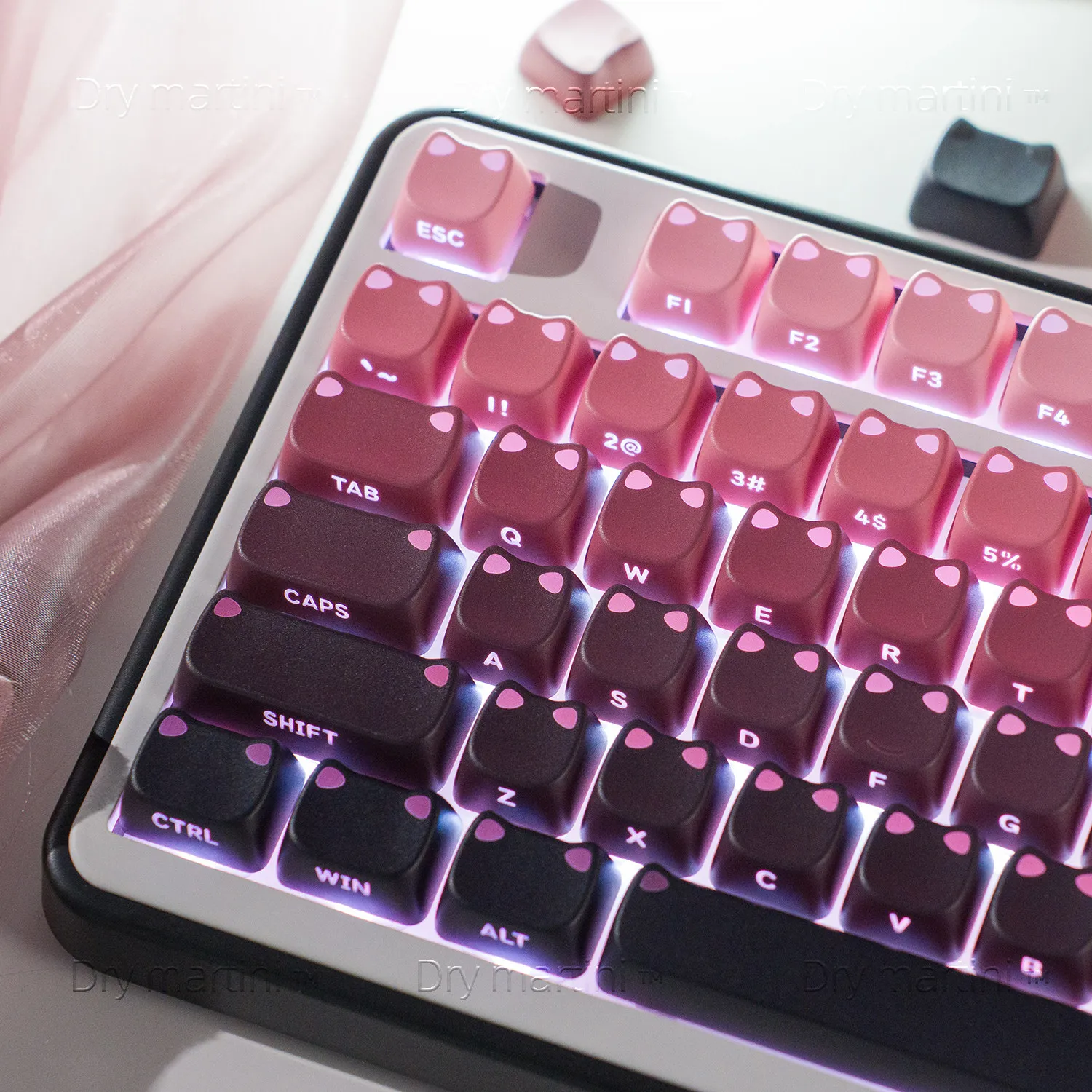MAIMOOO Keycaps Cat Ear Mulberry Gradient Purple  Cute Cat For Ual Keyboard Custom Pbt Transparent Side-Printed Game Keycaps