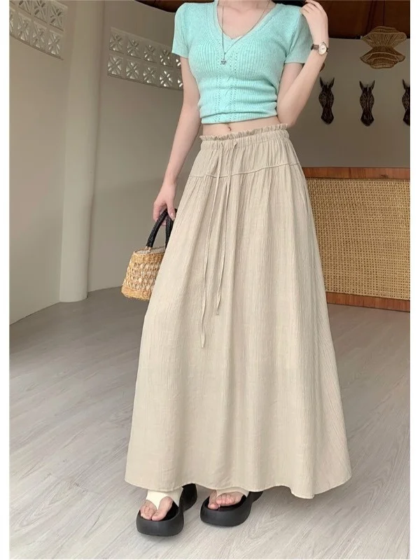 High Waist A-Line Skirt Pleated Drawstring Flower Bud Lazy Style Half Body Summer New plus Size Slimming Skirt Korean Version