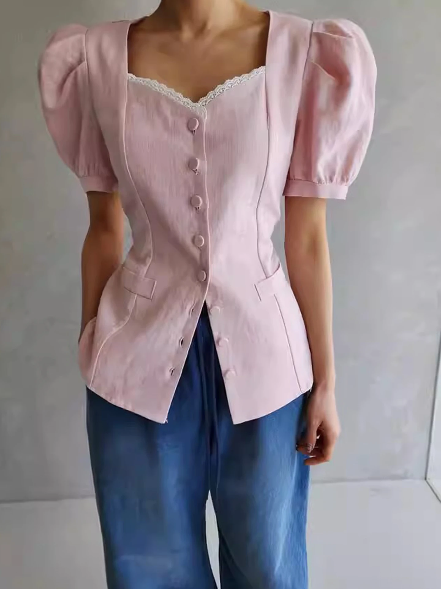 

Korean Style Lace Bubble Sleeve Shirt Women's Summer New Age Reduction Single Button Waist Inward Shirt Top Loose Fit Short S...