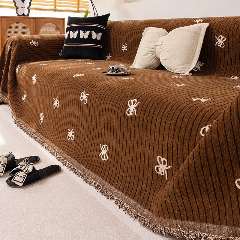 Solid Color Chenille Sofa Throw Blanket Soft Couch Cover with Tassels Minimalist Style for Living Room Office Blanket Home Decor