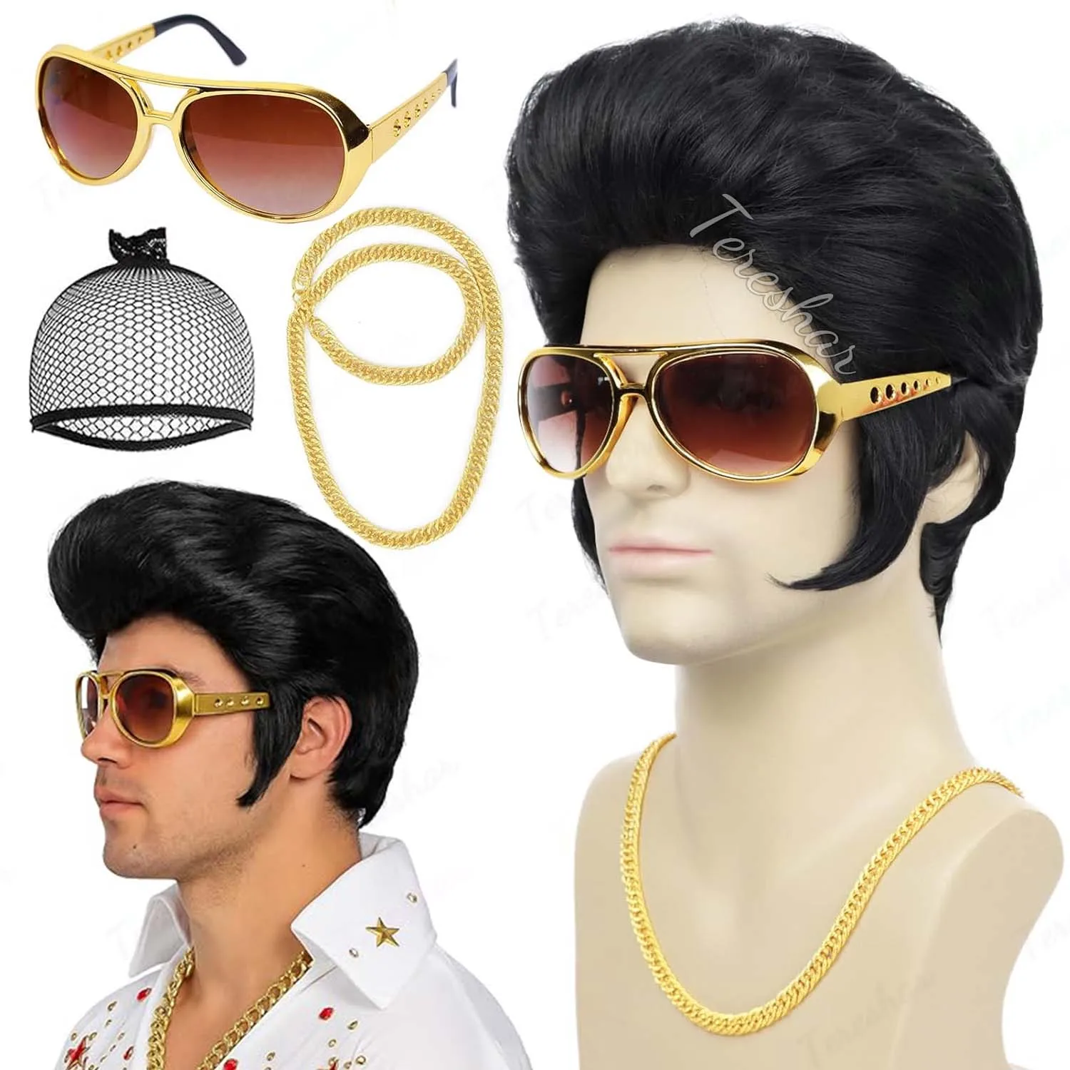 Synthetic 50s Mens Disco Rock Wig+Glasses+Necklace Singer Funny Black Wigs for Cosplay Halloween Party,Elvis Presley Costume Wig