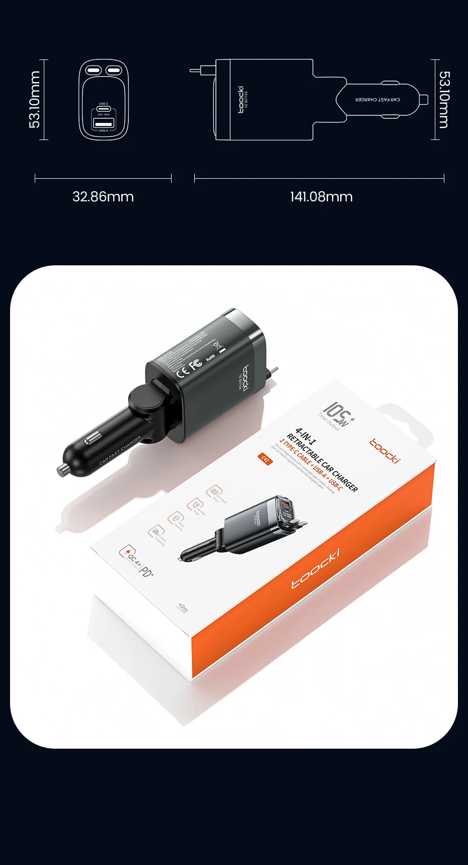 Toocki 4 IN 1 einziehbares Autoladegerät 105 W Handy-Ladegerät Typ C-Kabel für iPhone 16 15 Schnellladekabel Zigarettenadapter – Detail 17