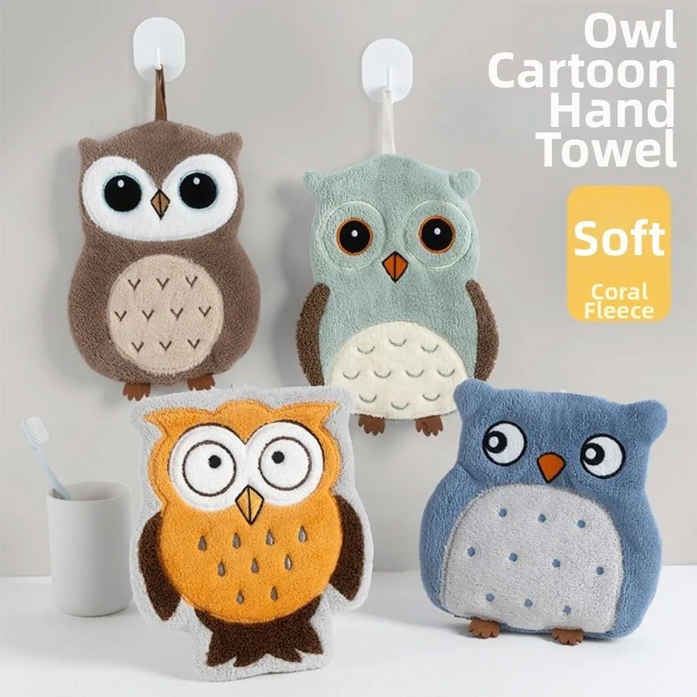 Soft Owl Hand Towels Super Absorbent Cute Cartoon Design Kitchen Handkerchief Hangable Coral Fleece Bathroom Kerchief