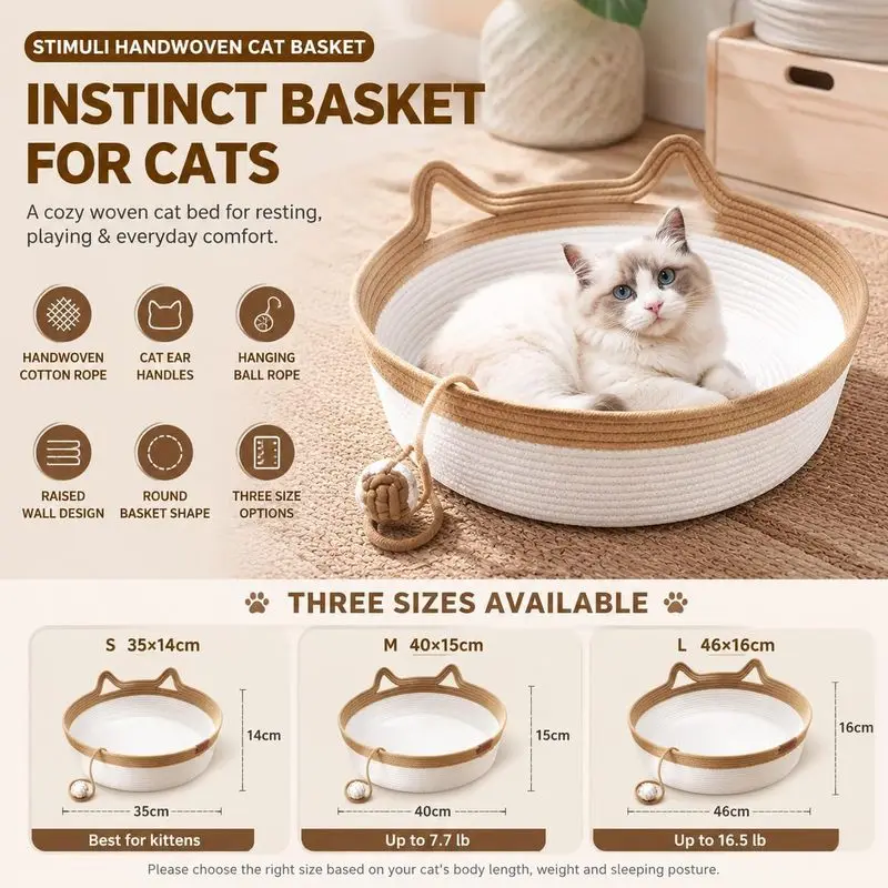 35/40/46cm Handwoven Cotton Rope Cat Basket Bed with Cat Ear Handles Ball Toy Indoor Cat Nest Sleeping Basket