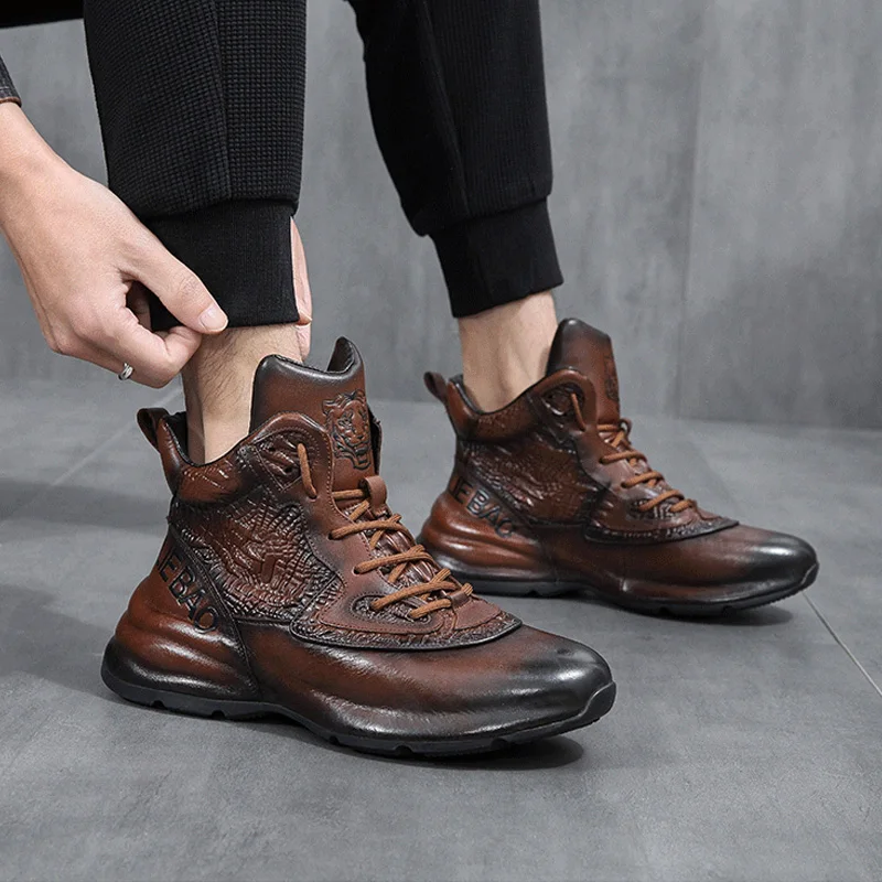 Autumn Winter Korean Style Men Full Grain Leather Ankle Short Boots Male High-top Casual Genuine Leather Sneakers Shoes