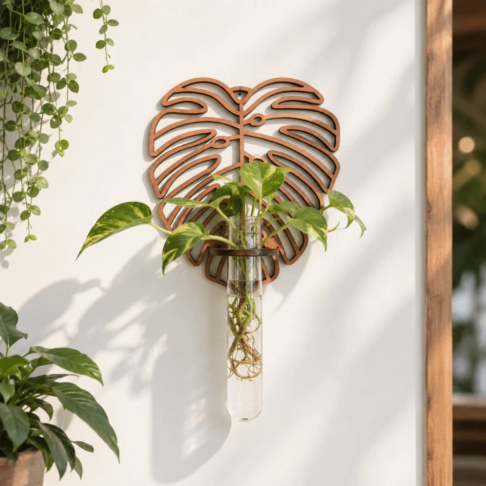 Wooden Hydroponic Plant Holder Vase Hollow Out Wall Mounted Planter Home Ornaments Leaf Shape Wall Hanging Planter Shelf