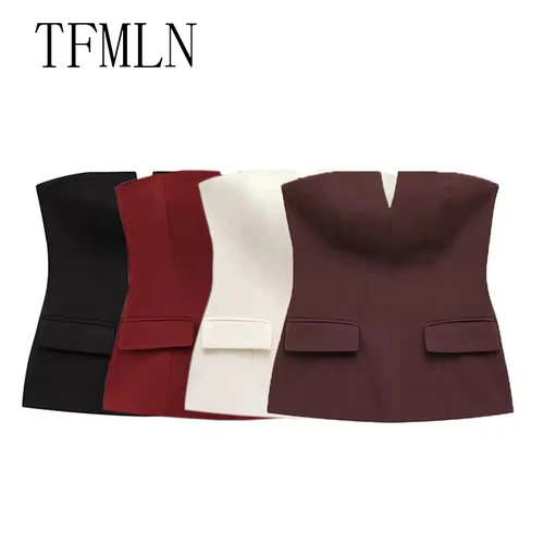 TFMLN nueva primavera verano mujeres Tops cortos sin tirantes básico Oficina señora sin mangas Tops tendencia calle clásico sólido tubo Tops