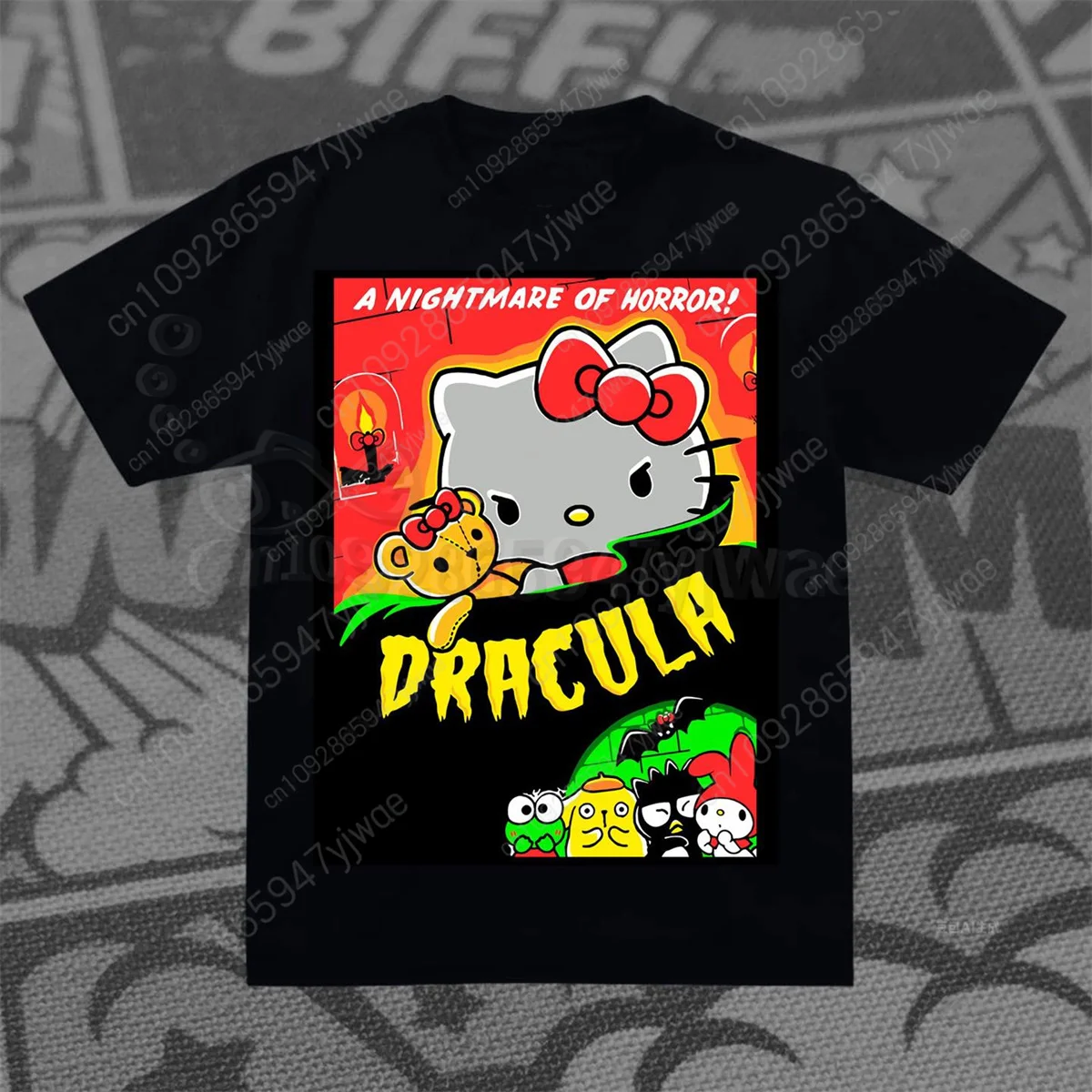 HelloKitty متعة هالوين القطن تي شيرت الكرتون روح الدعابة نمط مطبوعة قصيرة الأكمام طفل الكبار حزب الوالدين ملابس الطفل #2