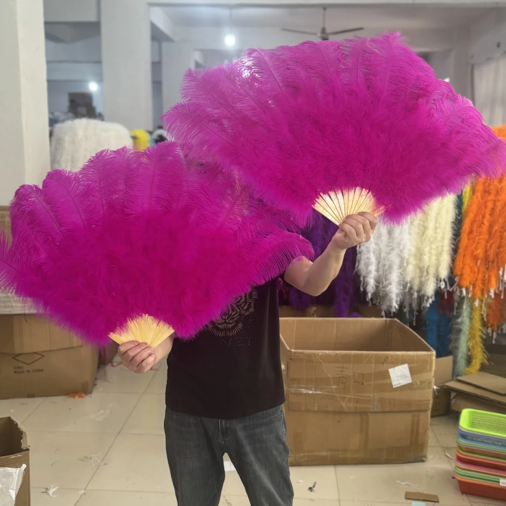 100 CM Big Real Ostrich Feathers Fan Hand Held Folding Rose Fans Hand Fan for Performance Dance Party Carnival Show Prop Dyed