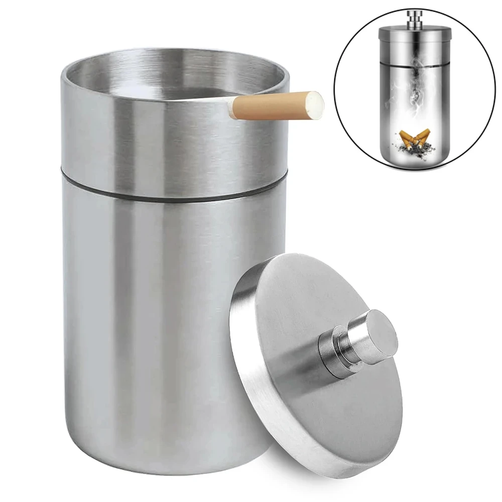 Portable Car Ashtray with Lid Stainless Steel Smokelss Ash Tray Detachable Windproof Ashtray for Auto Outdoor Mini Car Trash Can