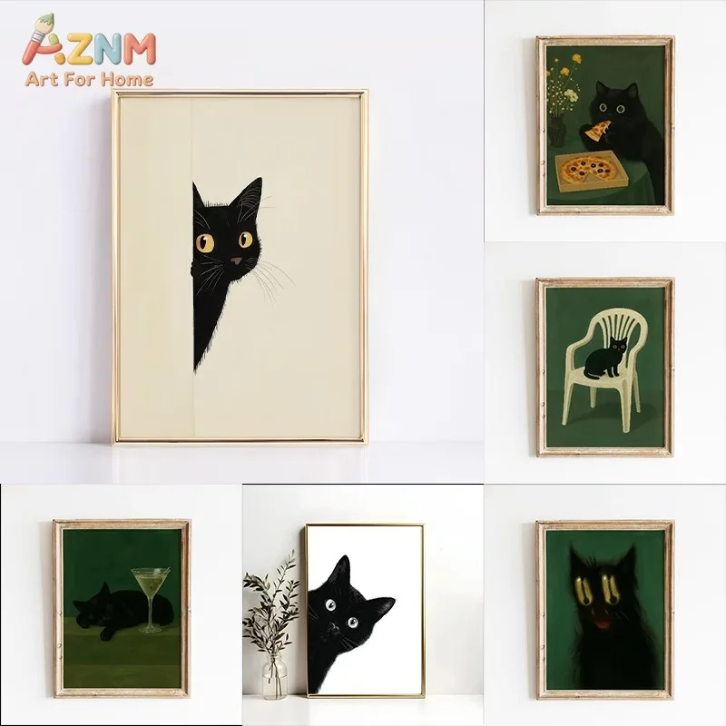 AZNM Cute Black Cat Canvas Print Peeking Cat Pizza Wine Glass Dark Green Vintage Minimalist Pet Lover Living Room Bedroom Wall D