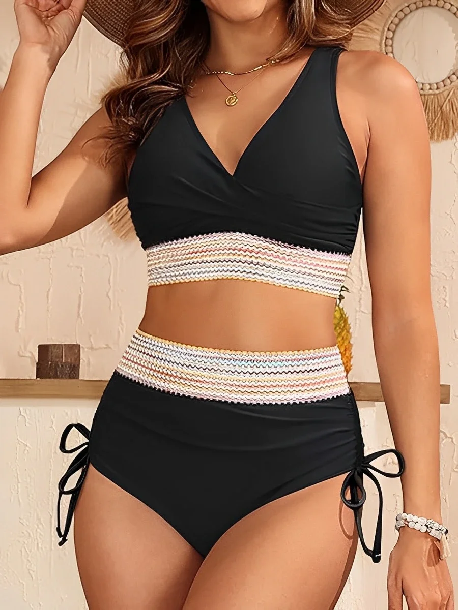 

V-neck Bikinis 2025 Women High Waist Swimwear Drawstring Swimsuit Female Beachwear Summer Bathers Bathing Swimming Swim Suit