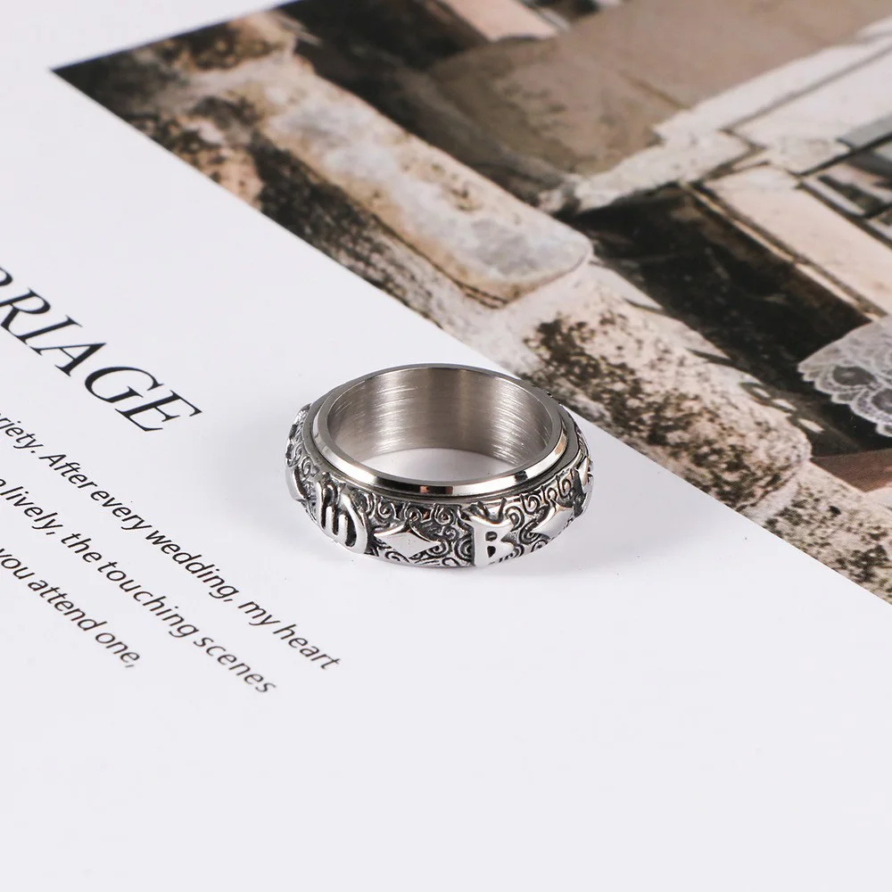 1Pcs Cross-Border Non-Fading Stainless Steel Rotating Ring with the Six-Word Mantra, Trendy Men's Personalized Ring