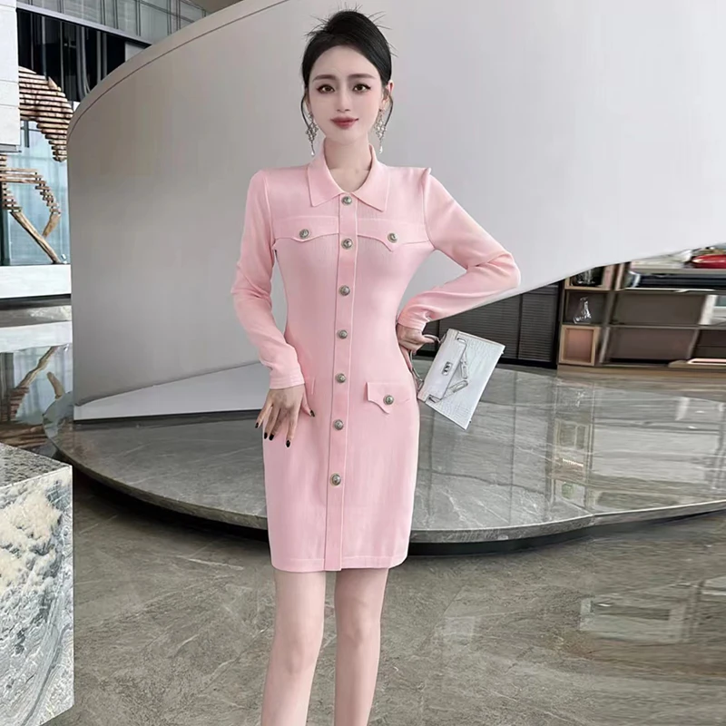 

ZJYT Women's Long Sleeve Knitted Sweater Dresses Autumn Winter Clothes 2024 Fashion Buttons Slim Sheath Mini Party Dress Elegant