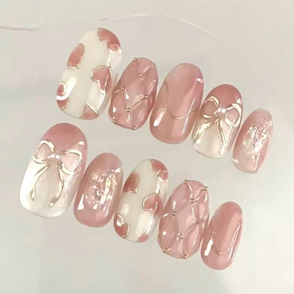 24Pcs Short Nude Almond Stick on Nails with Cat's Eye 3D Flower Press on Fake Nails Gilded French Diamond Detachable Finger Nail