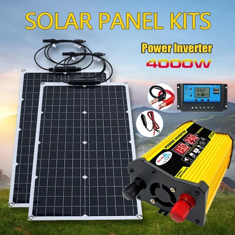 4000W high-power solar panel with power inverter kit 12v-110v/220v, suitable for household and outdoor camping solar systems