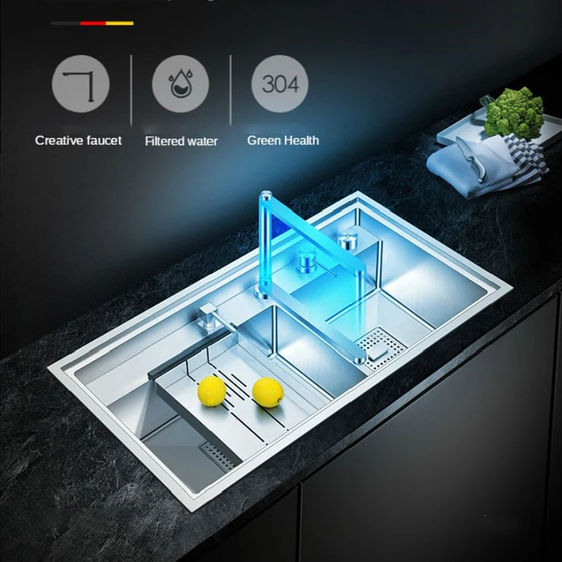 Современная Скрытая раковина с крышкой 1 шт., кухонная раковина ручной работы из нержавеющей стали 304, Большая двойная раковина с подъемным кухонным смесителем