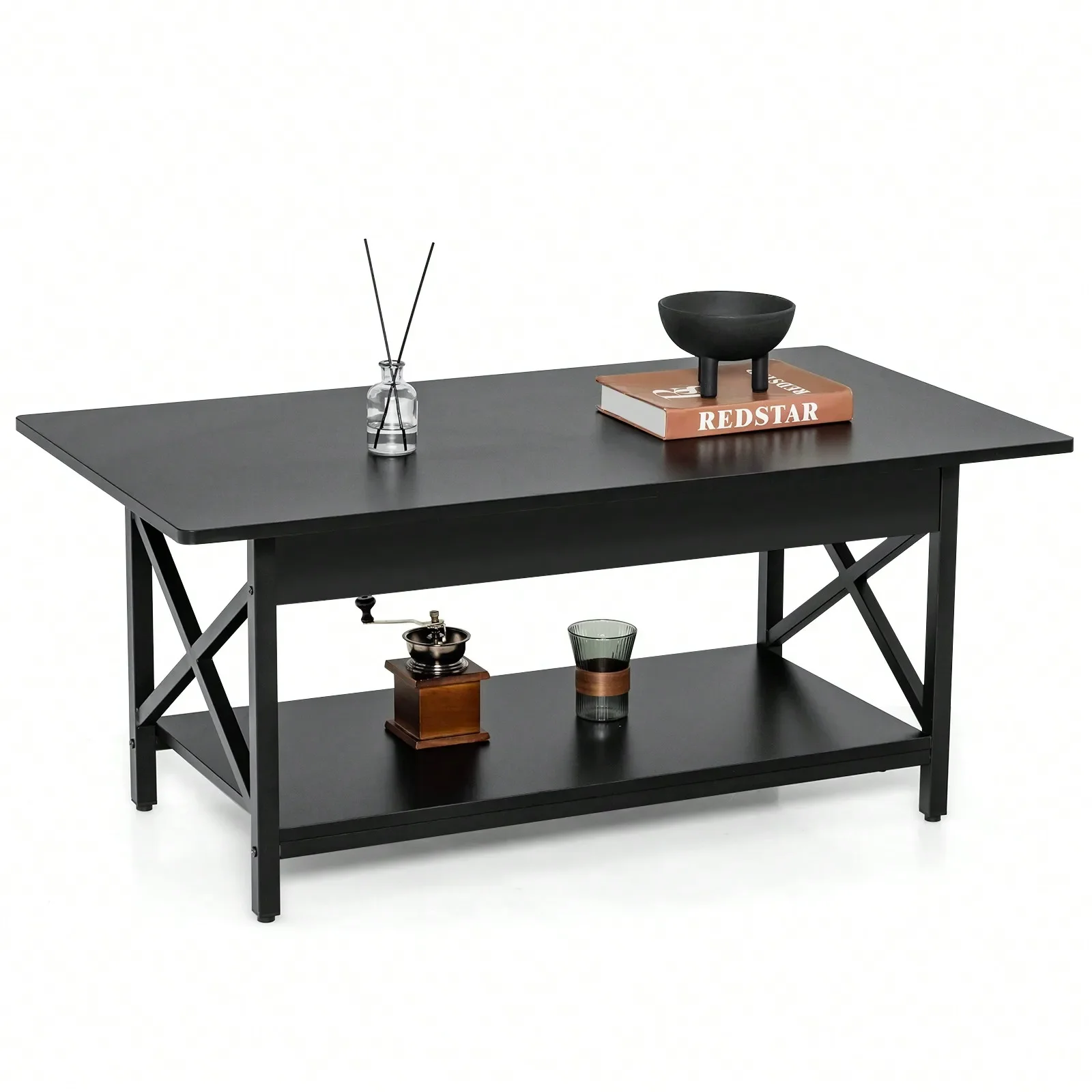 Retro Industrial Style Coffee Table w/Well-Supported Legs & Powder-Coated Finish