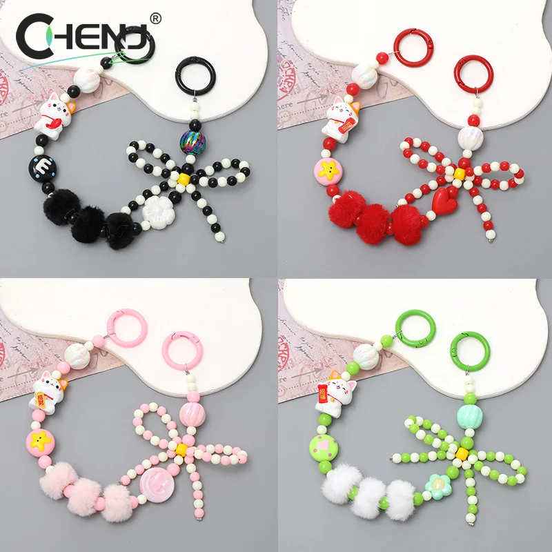 Bow Lucky Cat Plush Beaded Mobile Phone Chain Anti-Lost Phone Lanyard Pendant Keychain Wristband Earphone Camera Decor