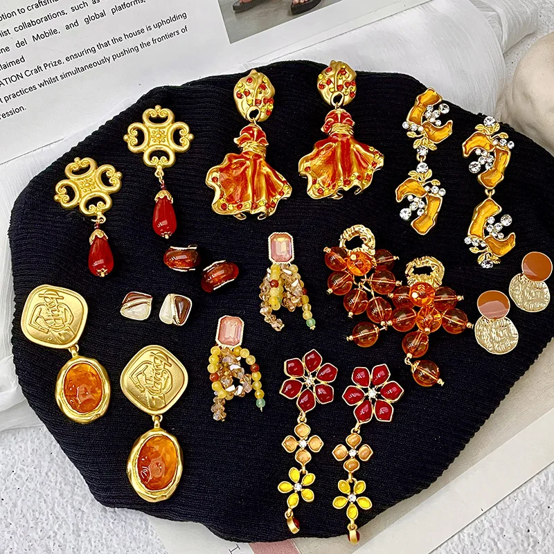 Medieval vintage niche unique retro style design earrings orange glazed earrings 925 silver needle stud earrings women