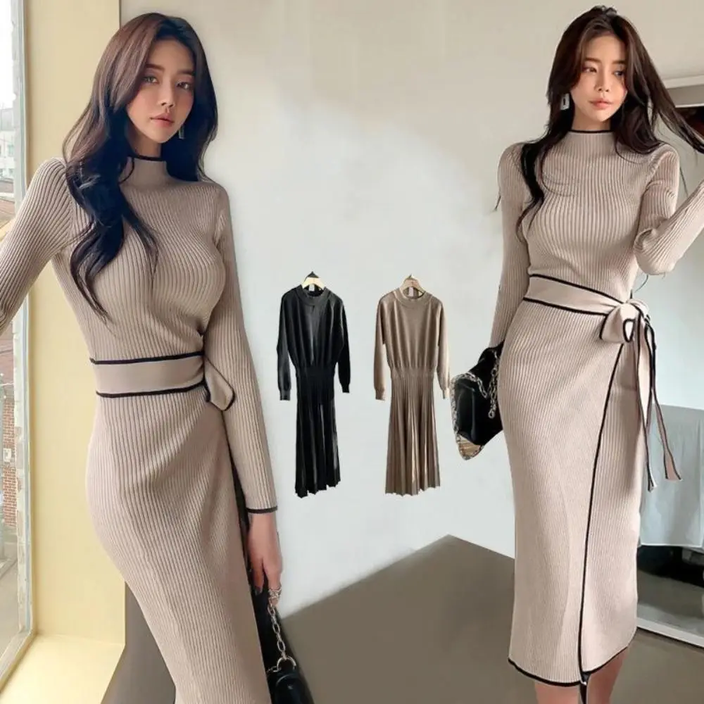 

Fashion Half Collar Knit Long Dress Lace-up Long Sleeve Slim Elegant Dresses Spicy Girl Korean Knitwear Dress Party