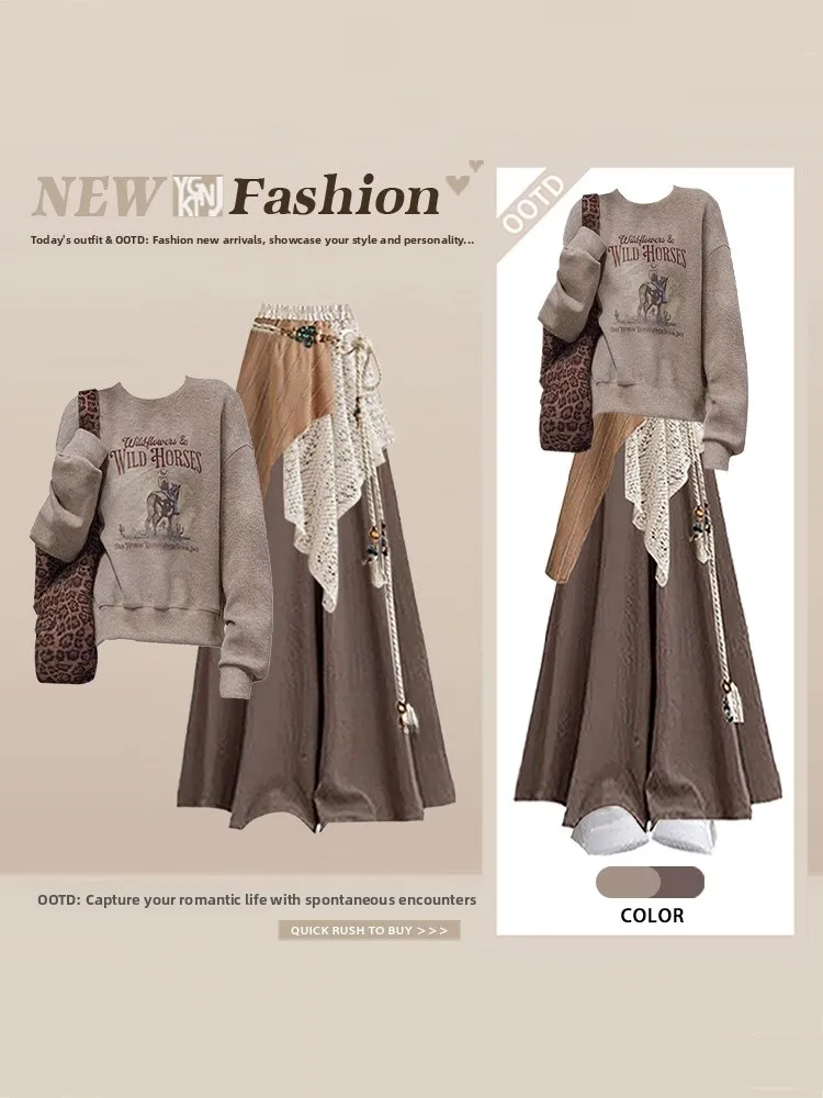 

Retro round Ne Sweatirt Wide Leg Pants Tee Piece Set Women Winter Faionable Letter Splicing Long Sve Streetwear