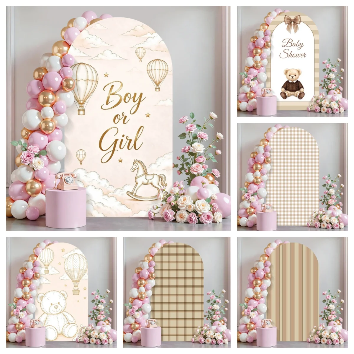 2-Sided Gender Reveal Arch Backdrop Cover Beige Plaid Bear Boy Or Girl Baby Shower Photozone Decor Banner Photo Props Custom ﻿