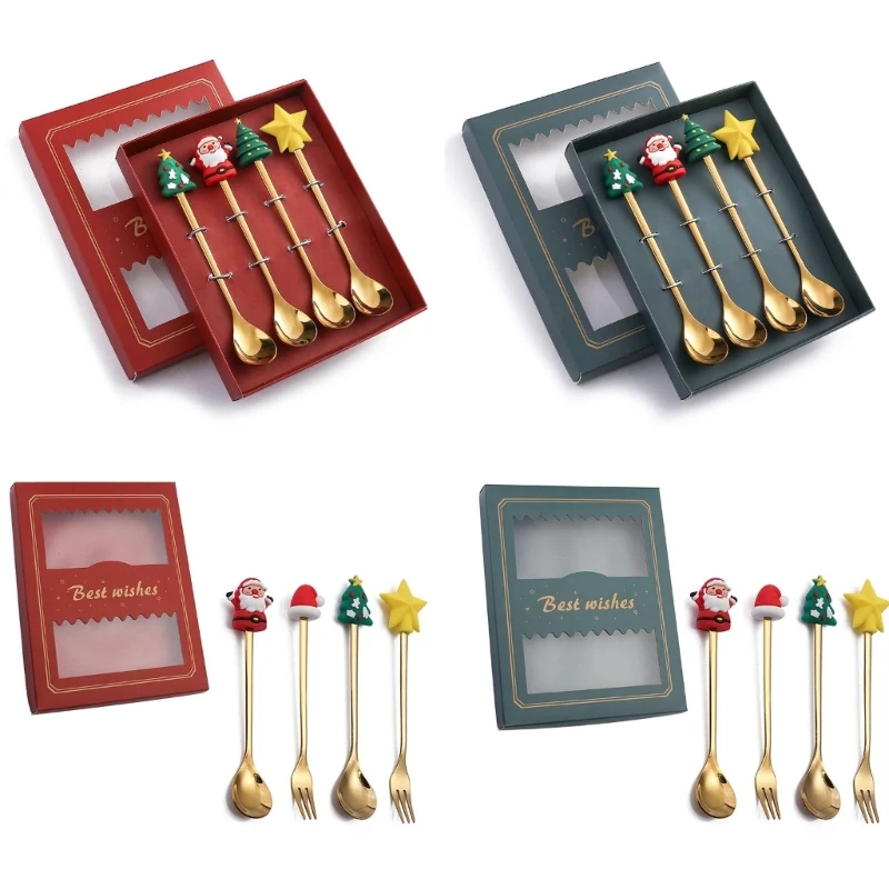 4pcs/set Christmas Spoons Forks with Gift Box Xmas Pendant Stainless Steel Coffee Spoon Tea Stirring Spoon for Party Dropship