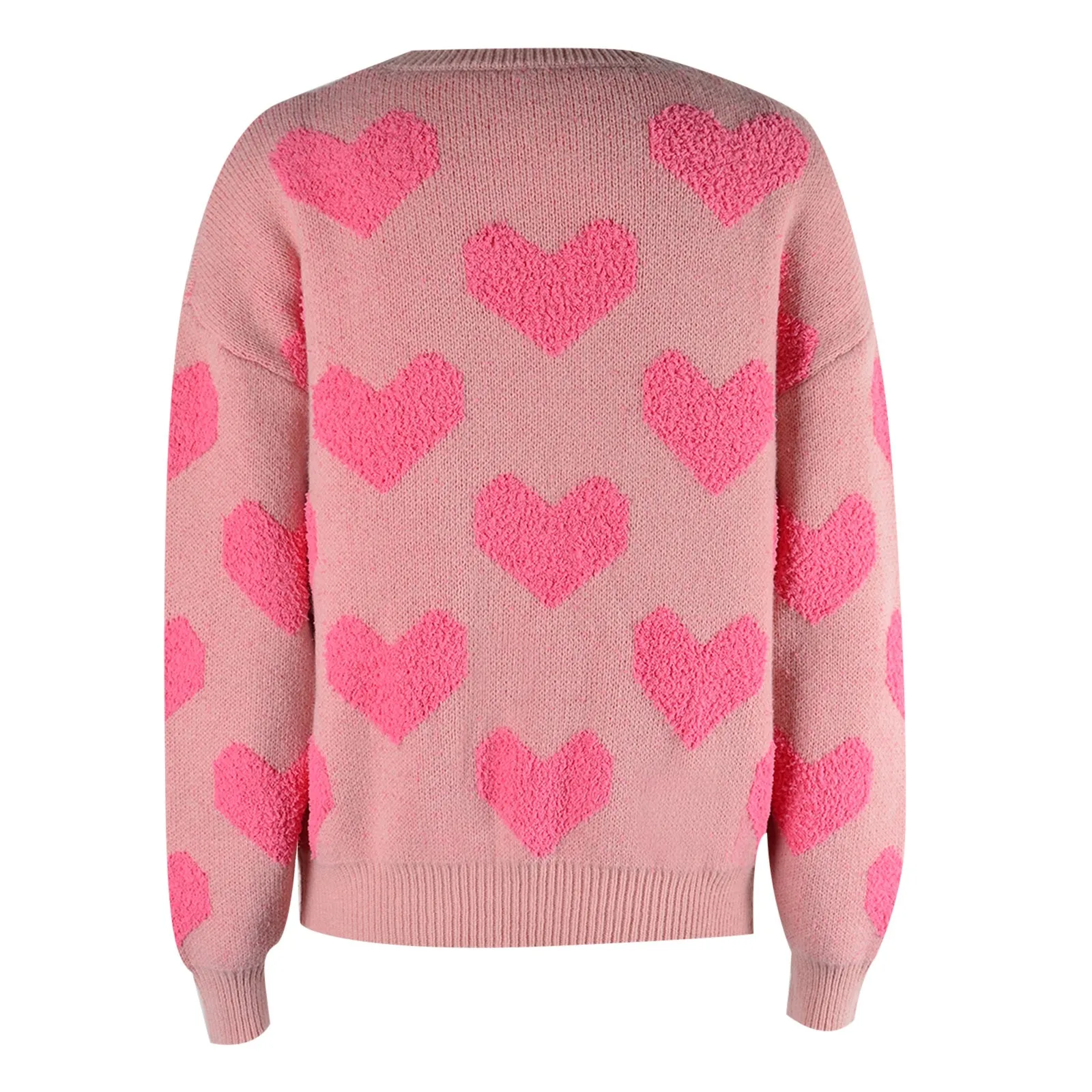 Women Casual Loose Neck Pink Sweater Love Heart Pattern Knitwear Long Sleeve Jumpers Shirts Pullover Top Streetwear