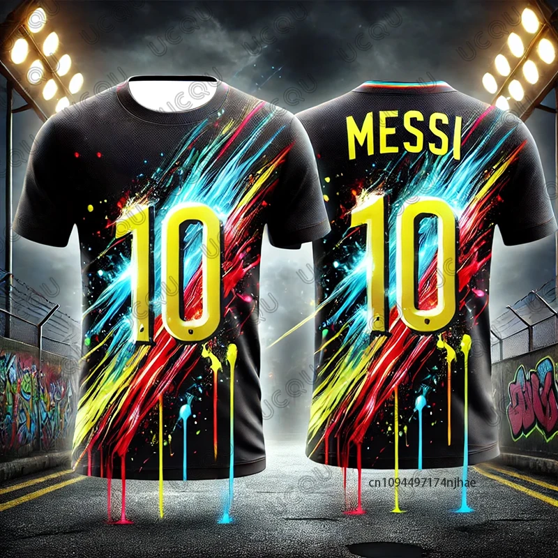 تصميم جرافيتي Ai صيفي جديد لعام 2026 ميسي # 10 طباعة كرة القدم جيرسي التي شيرت التدريب الرياضي عارضة المحملات عارضة للأطفال / الكبار قمم