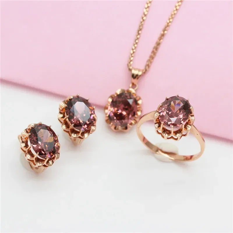 Plated  Rose Gold Gemstone Earrings for Women Rings Exquisite Wedding Necklace Openwork Design Jewelry Set