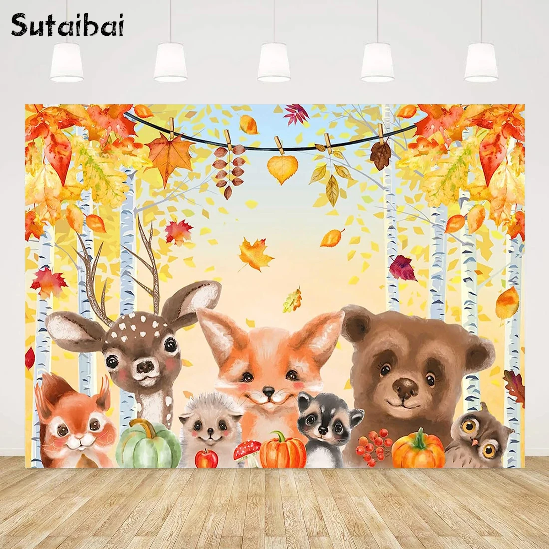 

Autumn Woodland Animal Backdrop Fall Baby Shower Birthday Party Supplies Maple Leaf Background Banner Decor Photobooth Prop Gift