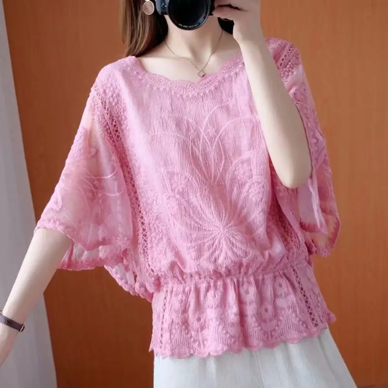 2023 Summer New Loose Fashion Gauze Batwing Sleeve Solid Shirt Female Clothing Casual All-match Embroidery O-Neck Waist Blouse