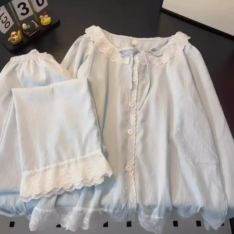 

Princess Lace Edge Pajamas Sets Young Girl Kawaii Sweet Long Sleeves Pants Leisure Wear Thin Four Seasons Clothes Sleeping Wear
