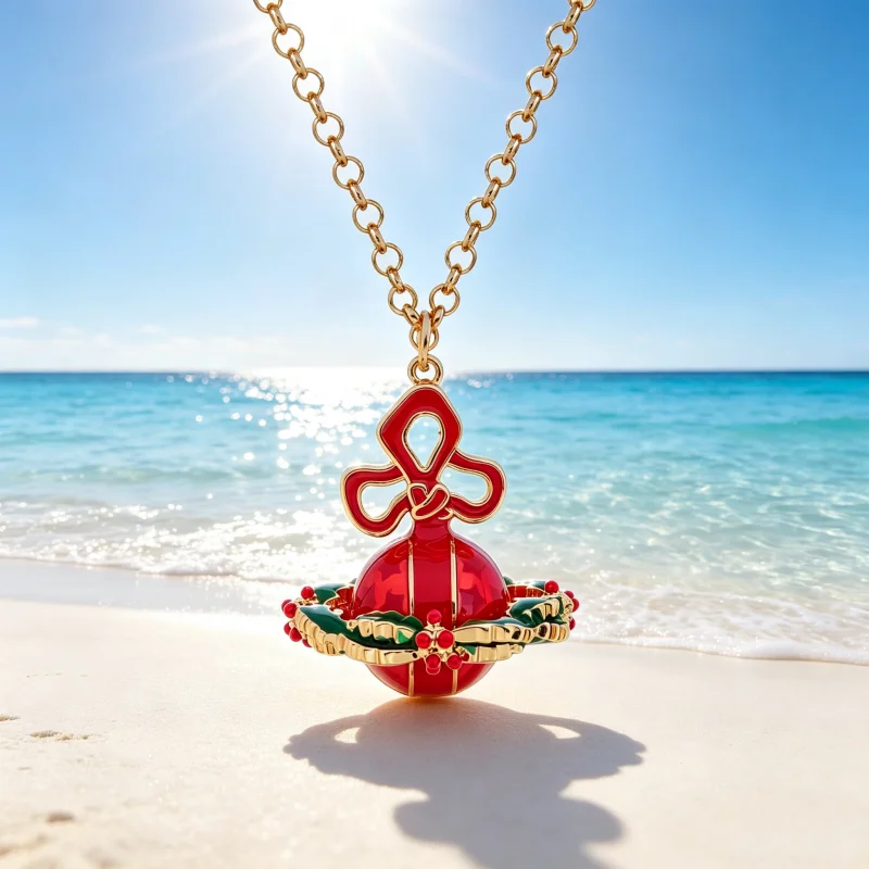 925 Silver Classic Wreath Red Paint Christmas Gift Saturn Necklace Pendant Female Gift