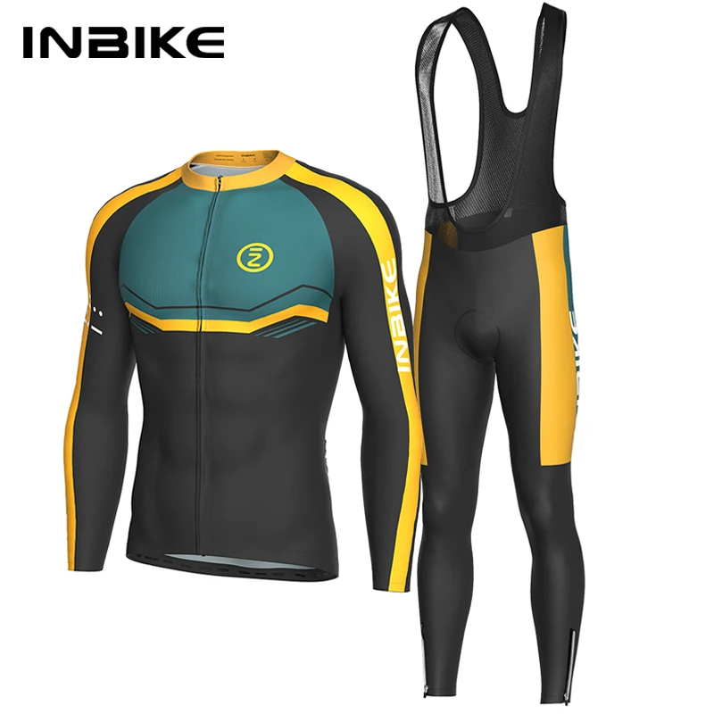 

INBIKE Men's Cycling Sets Long Sleeve Cycling Jersey Full Zipper with Pockets Bike Cycling Bib Pants Long MTB Clothing Quick Dry