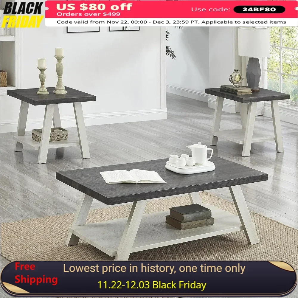 Coffee Table, Contemporary 3-Piece Wood Shelf Coffees Tables Set, Coffee Table