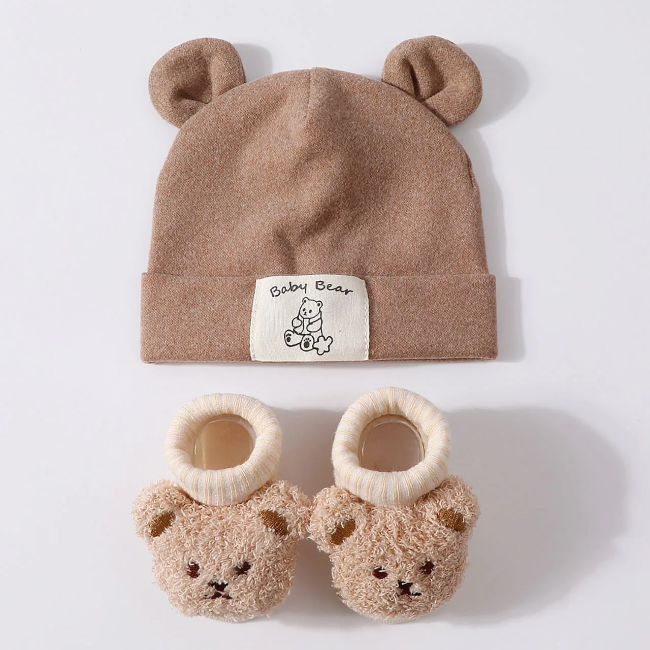 Bear Ears Baby Hat+Knit Socks Set Soft Cotton Newborn Headscarf Beanies Autumn Winter Warm Kids Pullover Cap Cute Doll Sock 0-1Y