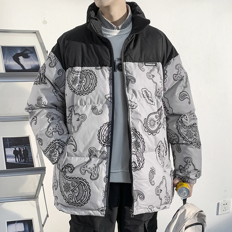 Men Japanese Streetwear Puffer Jackets 2023 Winter Mens Full Print Fashions Bubble Coat Couple Patchwork Thick Parkas