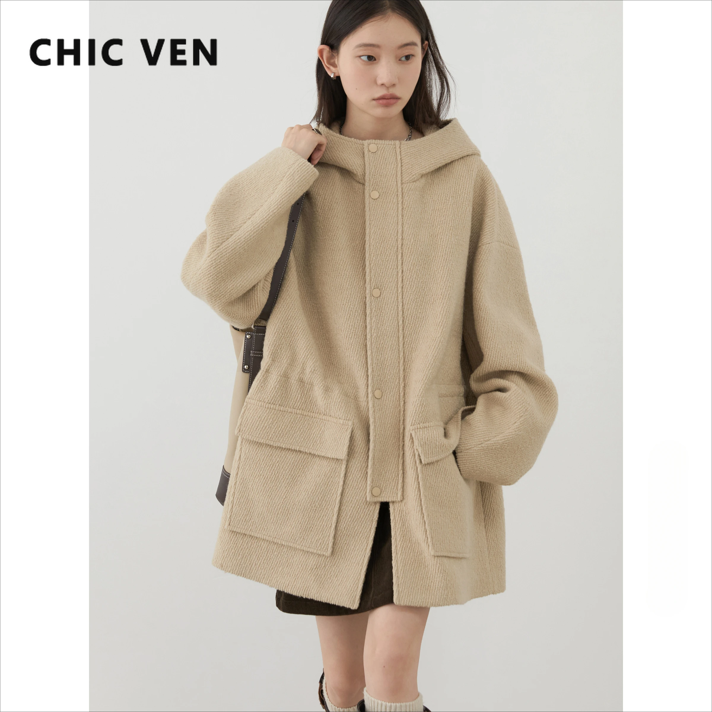 CHIC VEN Women\'s Woolen Coat Loose Solid New British Hooded Jackets Drawstring Mid-length Ladies Windbreaker Autumn Winter 2024