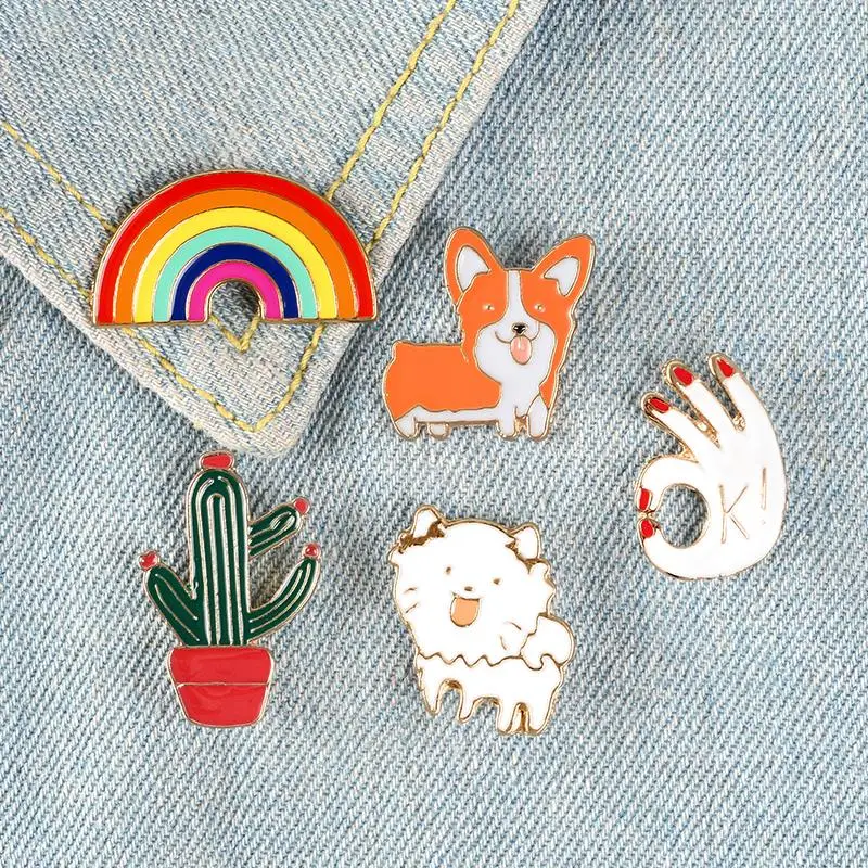 Funny Corgi Rainbow Enamel Pins Cartoon Dogs Brooches Cactus OK Gesture Clothes Lapel Pin Custom Badges Bag Gift for Kids Girl